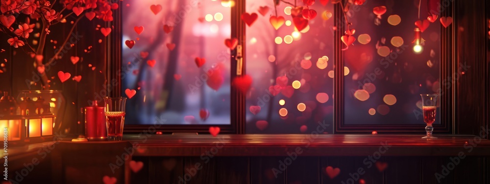 Poster romantic window display with candles and hearts for valentines day generative ai