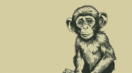  a black and white drawing of a monkey sitting on the ground with its head turned to the side and eyes wide open. - obrazy, fototapety, plakaty