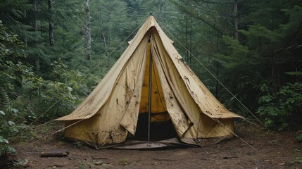 Faded and stained canvas tent in a forest setting.