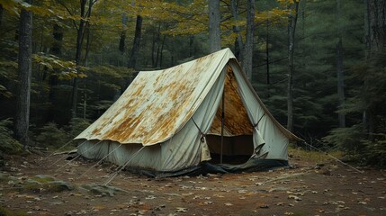Faded and stained canvas tent in a forest setting.