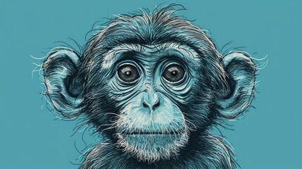  a drawing of a monkey's face with a sad look on it's face and a blue background. - obrazy, fototapety, plakaty