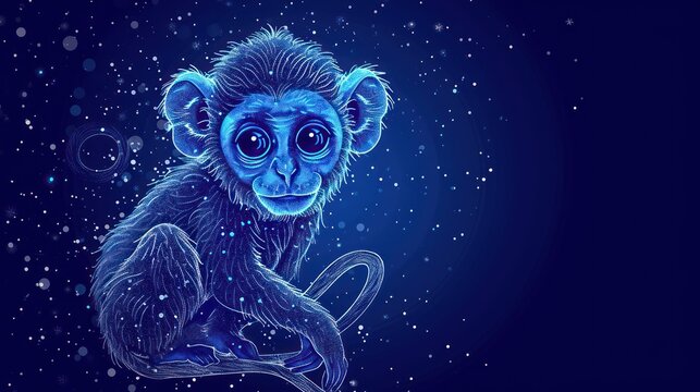  a drawing of a monkey sitting on a branch in the night sky with snow flakes on it's surface.