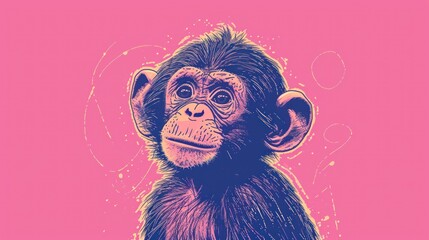  a drawing of a chimpan on a pink background with a pink circle around the face of a chimpan.