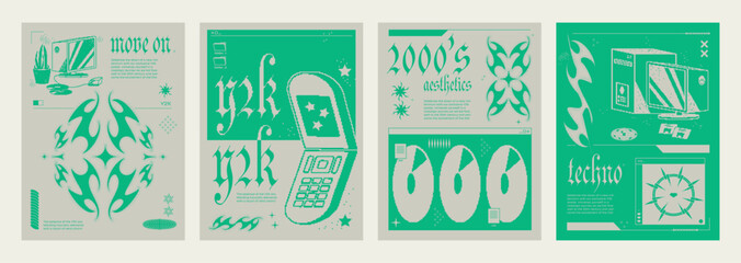 Y2k aesthetic groovy posters set. Vector realistic illustration of retrowave design flyers in green and beige colors, desktop computer, cellphone, CD, abstract icons on creative groovy graphic banner - obrazy, fototapety, plakaty