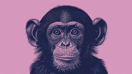  a drawing of a monkey's face on a pink background with a black and white drawing of a monkey's face.