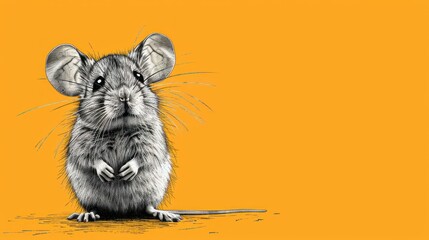  a drawing of a mouse standing on its hind legs with its front paws on it's hind legs, on a yellow background.
