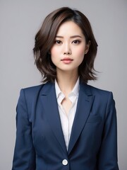 Portrait of beautiful asian women, black hair, tshirt model posing in white background, 