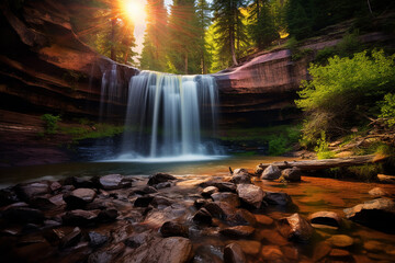 Fototapeta premium Spring waterfalls landscape with rainbow