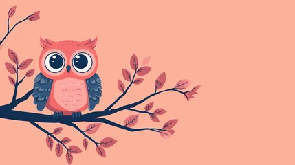  a pink owl sitting on a branch of a tree with leaves on it's branches, with a pink background.