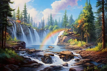 Tuinposter Spring waterfalls landscape with rainbow © Jacek