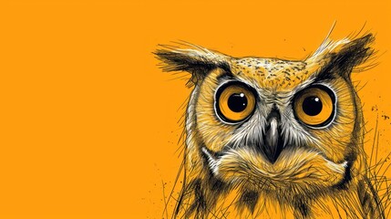  a close up of an owl's face on a yellow background with a black and white drawing of an owl's head. - obrazy, fototapety, plakaty