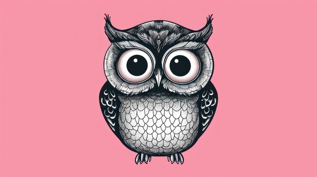  a black and white owl with big eyes on a pink background with a black outline on the bottom of the image.
