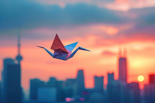 beautifully crafted origami crane floating against the backdrop of a cityscape during sunset