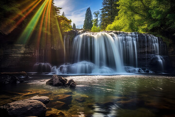 Spring waterfalls landscape with rainbow