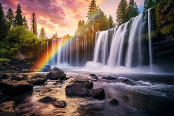 Obraz premium Spring waterfalls landscape with rainbow