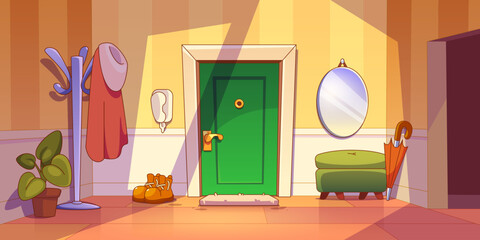 Home hallway interior with furniture. Vector cartoon illustration of light room with green entrance door, mirror and phone on wall, coat on hanger, boots on floor, flower pot, umbrella in corner