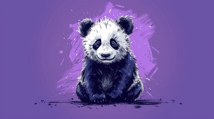  a black and white panda bear sitting on top of a purple and purple background with a splash of paint on it's face.