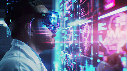Fototapeta premium A doctor wearing smart glasses, standing in front of a high-tech digital interface display. 