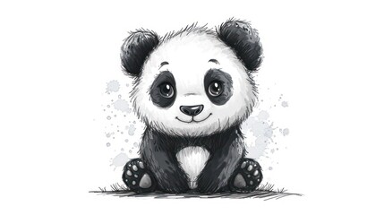  a black and white panda bear sitting on the ground with its eyes wide open and a smile on it's face.