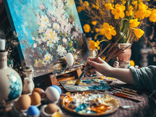 Close-up of an artist's hand painting a tranquil Easter scene on canvas.