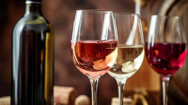 Glasses of rose,white and red wine with bottles. Wine degustation concept. Selective focus.   