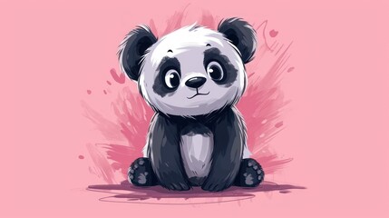  a black and white panda bear sitting on top of a pink background with a splash of paint on it's face.