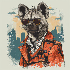 T-shirt design of an artistic hyena in a spy costume on a cityscape background, retro and vintage style