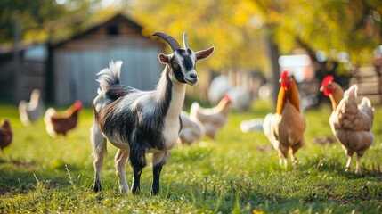Goat and free range chicken on organic animal farm freely grazing in yard on ranch background. Hen chickens domestic goat graze in pasture. Modern animal livestock, ecological farming    - obrazy, fototapety, plakaty