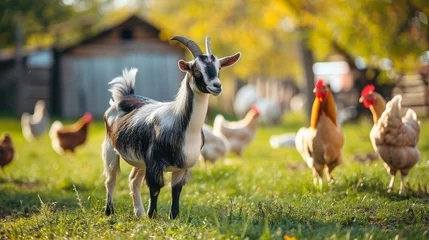 Fotobehang Goat and free range chicken on organic animal farm freely grazing in yard on ranch background. Hen chickens domestic goat graze in pasture. Modern animal livestock, ecological farming    © Emil