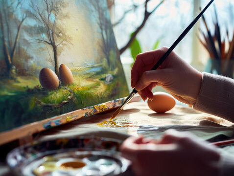 Close-up of an artist's hand painting a tranquil Easter scene on canvas.