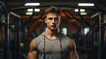 Fit and handsome male model working out in modern fitness center