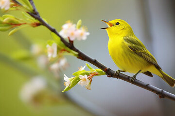 Yellow bird on the branch, spring awakening image