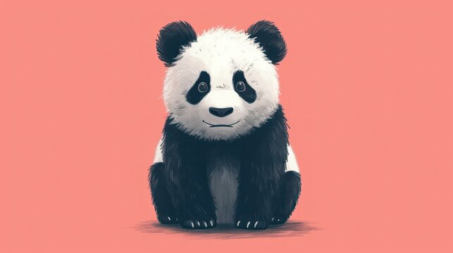  a black and white panda bear sitting in front of a pink background with a sad look on it's face.