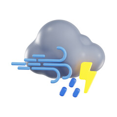 3d windy rain with thunder, 3d render icon illustration, transparent background, weather