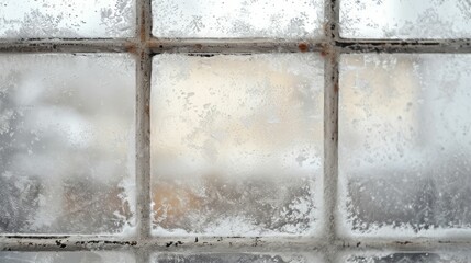 Frost-covered window pane with traces of mold around the edges, merging the cold of winter with signs of dampness and decay.