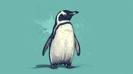  a black and white penguin standing on a blue background with a splash of water coming out of it's beak.