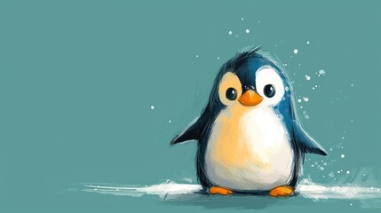  a painting of a penguin standing in the water with a splash of water on it's face and eyes.