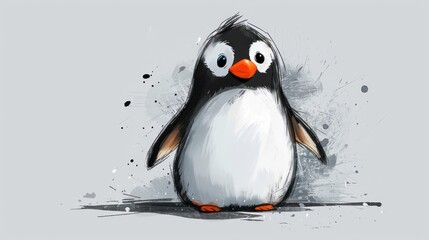  a black and white penguin with a red nose and orange beak standing in front of a white and gray background.