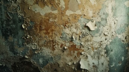 Moldy, peeling wallpaper in an abandoned house, with patterns of decay and forgotten elegance.