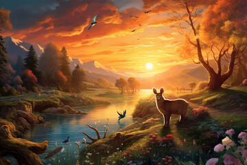 Beautiful landscape with waterfalls, nature's spring awakening, a stunning sunset, and wildlife