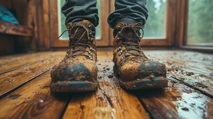 Muddy hiking boots on a wooden floor, marked with the trails of numerous adventures and the great outdoors. - obrazy, fototapety, plakaty