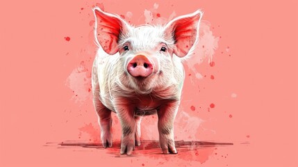  a painting of a pig on a pink background with a red spot in the middle of the pig's ear. - obrazy, fototapety, plakaty