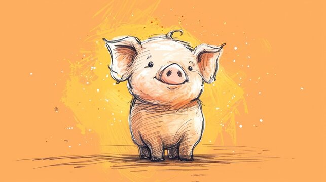  a drawing of a pig on a yellow background with a splash of paint on the bottom half of the pig's face.