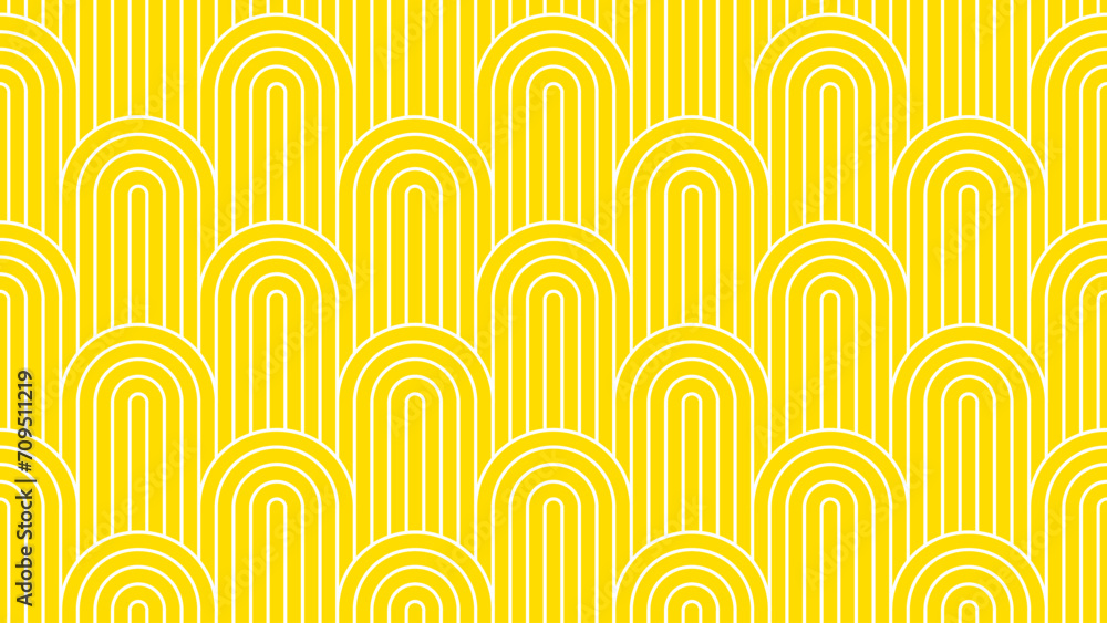 Poster Yellow summer background pattern line stripe circle wave zigzag seamless abstract vector design. Summer Background.