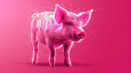  a pink pig standing in front of a pink background with white sprinkles on it's face.