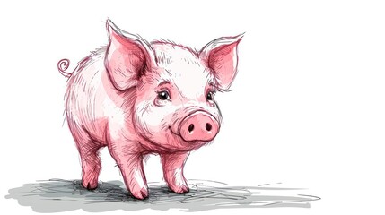  a pink pig is standing on the ground with its head turned to look like it's looking at the camera.