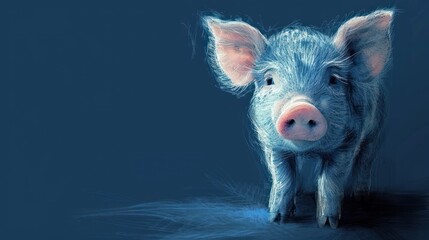  a close up of a small pig on a blue background with a blurry image of it's face.