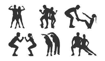 Dynamic Duo Fitness, Empowering Man and Woman Silhouettes in Motion - obrazy, fototapety, plakaty