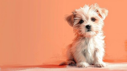  a small white dog sitting on top of a floor next to a pink wall in front of an orange wall.