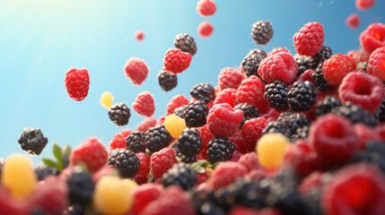 A dynamic image of mixed raspberries and blackberries suspended in mid-air, set against a clear...